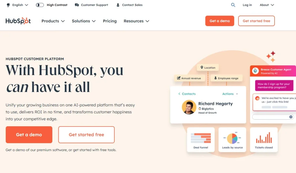 hubspot-ai-customer-platform-free-tools-marketing HubSpot AI customer platform interface offering free AI marketing tools.