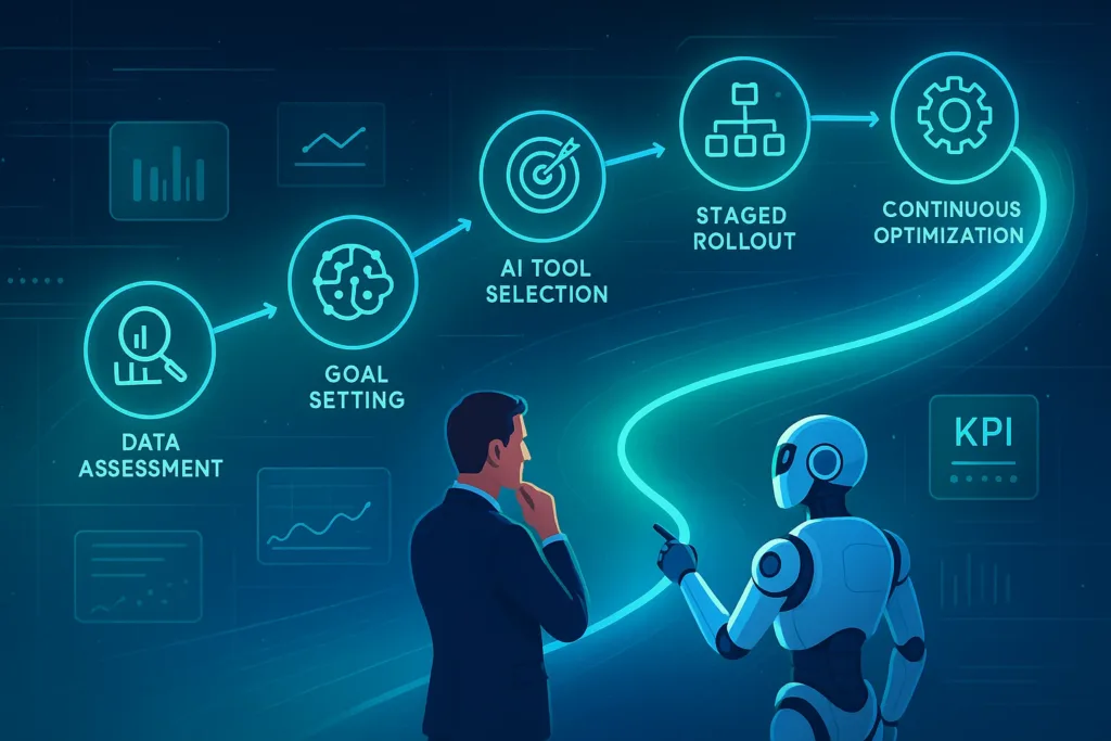 implement-ai-marketing-strategy-step-by-step-guide Visual guide showing steps to implement an effective AI marketing strategy.