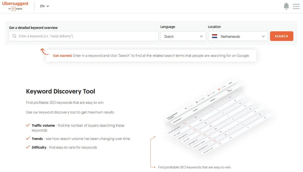 ubersuggest-keyword-discovery-free-ai-tools Ubersuggest keyword discovery dashboard used as a free AI tool for digital marketing.