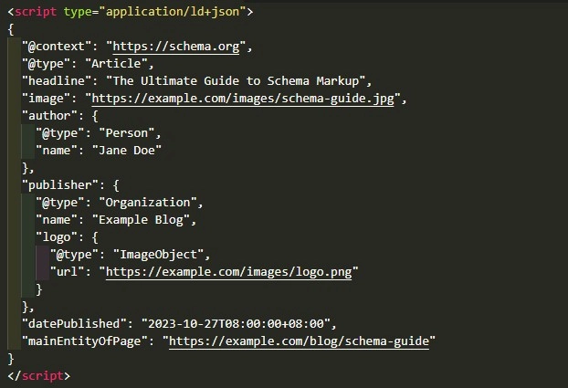 JSON-LD code for an Article Schema markup example, showing how to define the title, author, and publisher for a blog post. 