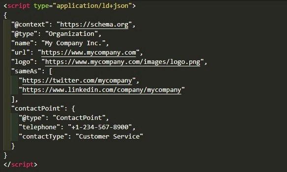 JSON-LD code for an Organization Schema markup example, showing how to define a company's name, URL, logo, and social profiles. 
