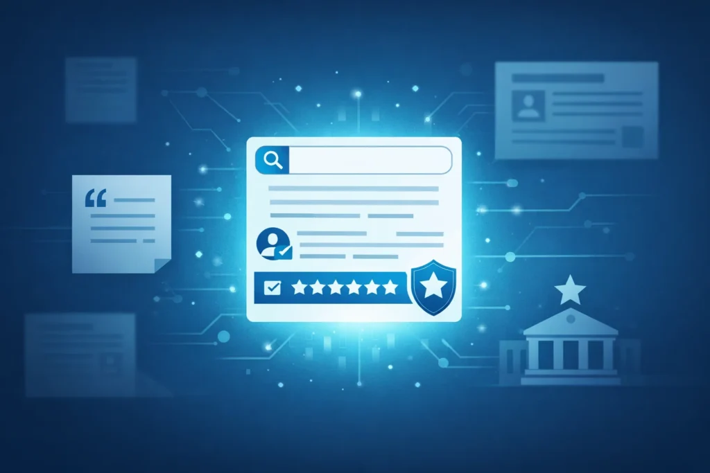 Authority and trust signals used by AI systems to evaluate content credibility. Authority and trust signals used by AI systems to evaluate content credibility.