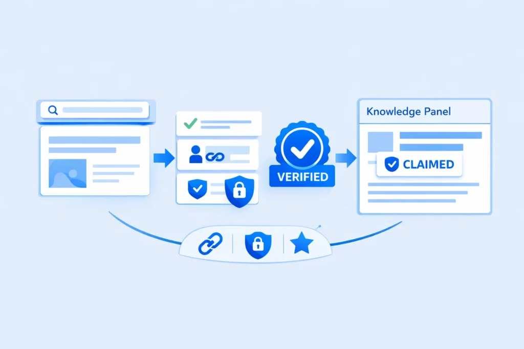 Process to claim a verified Google Knowledge Panel by securing links and official profiles. Process to claim a verified Google Knowledge Panel by securing links and official profiles.