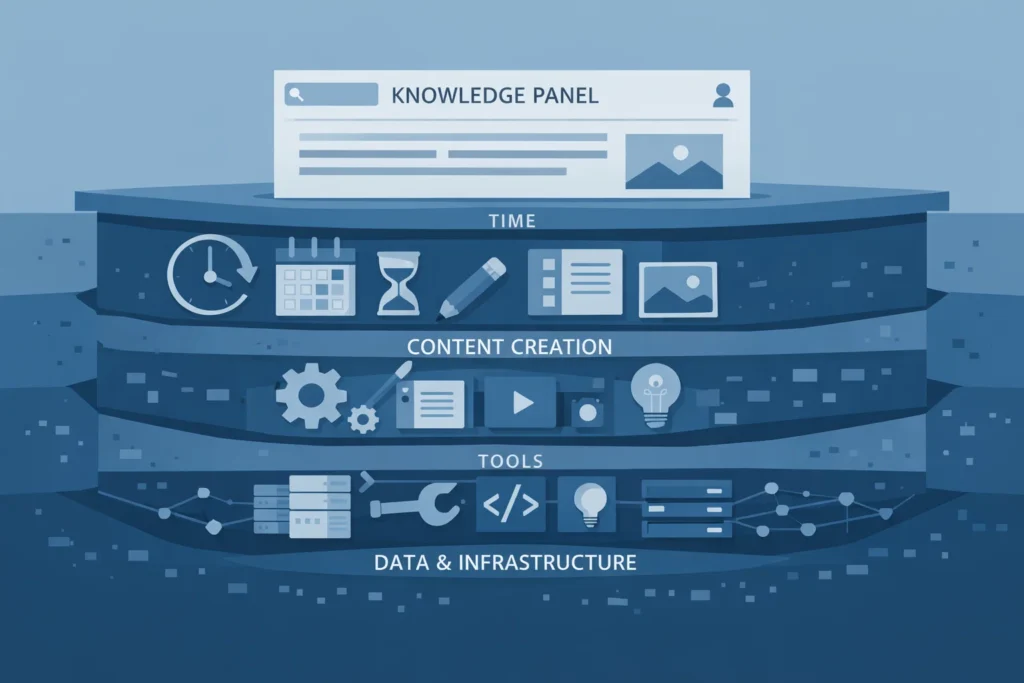 Diagram showing the layers of knowledge panel infrastructure including data, tools, and time. Diagram showing the layers of knowledge panel infrastructure including data, tools, and time.