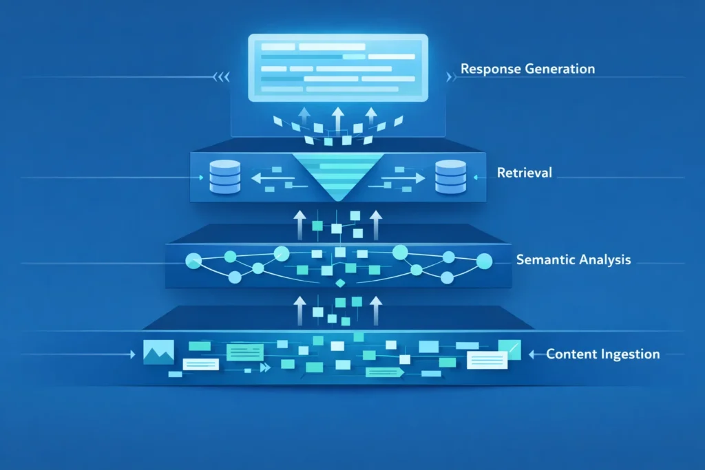 Mechanics of AI search showing retrieval, semantic processing, and response generation. Mechanics of AI search showing retrieval, semantic processing, and response generation.