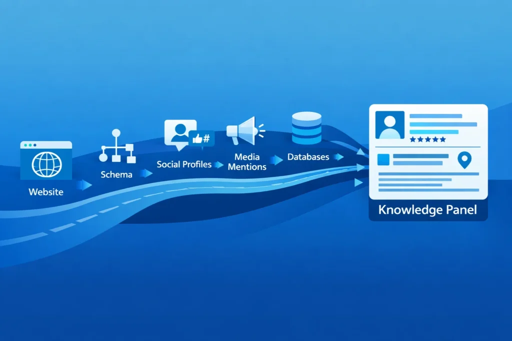 Roadmap of sources like website and schema needed for a path to Google Knowledge Panel creation. Roadmap of sources like website and schema needed for a path to Google Knowledge Panel creation.