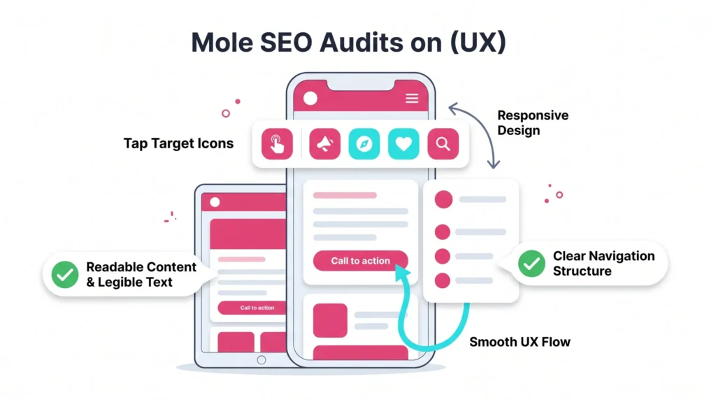Mobile usability audit showing responsive layout, clear navigation, tap targets, and UX checkmarks. 
