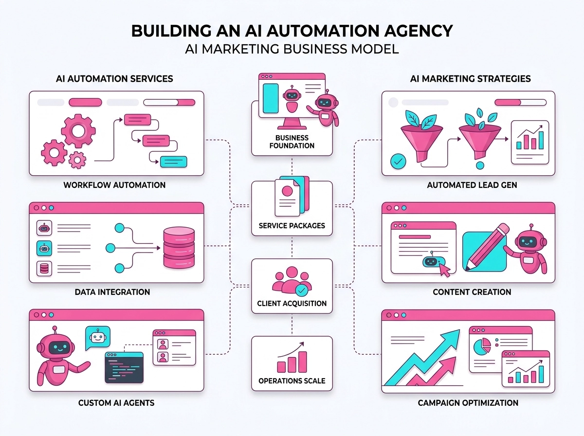 Flat vector illustration of AI automation agency business blocks and marketing agent icons on a white background.