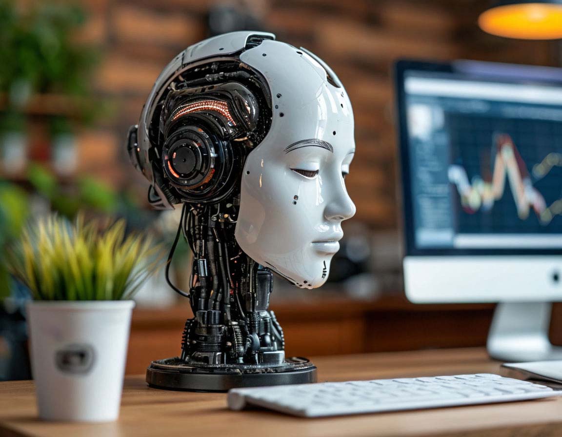 Modern AI agency workspace with advanced technology setup.