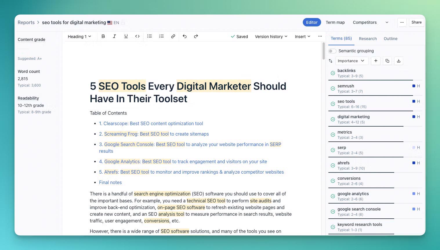 Clearscope SEO tool for content optimization and ranking improvement