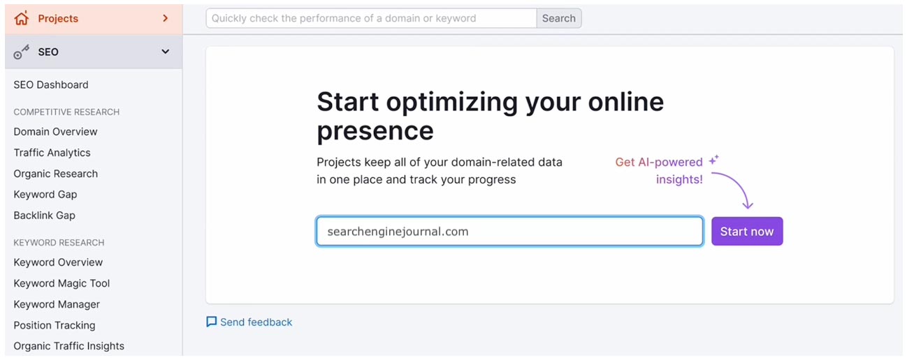 SEMrush Copilot AI tool for SEO insights and keyword tracking.