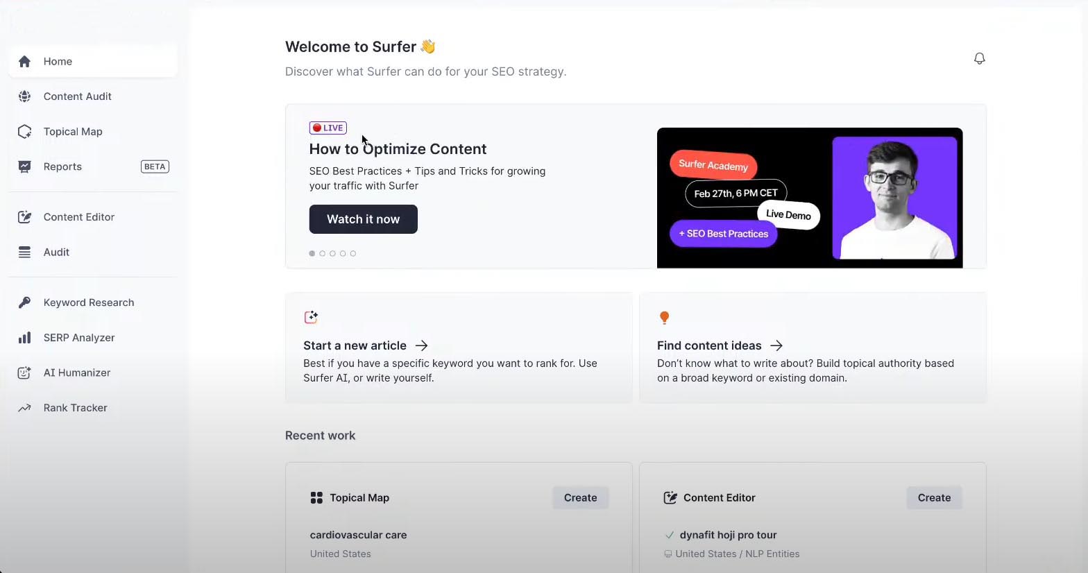 Surfer SEO AI tool for content optimization and keyword strategy.