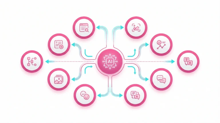 Vector illustration of a digital dashboard showing 10 connected AI automation tools on a clean white background.