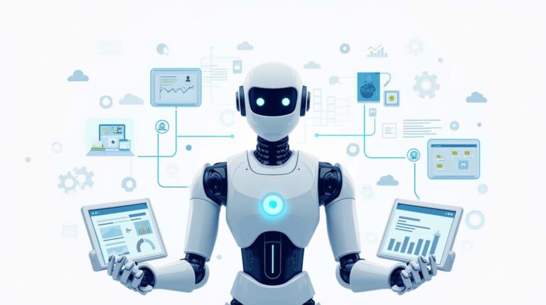 Overview of AI automation tools for business in 2025 with robot illustration
