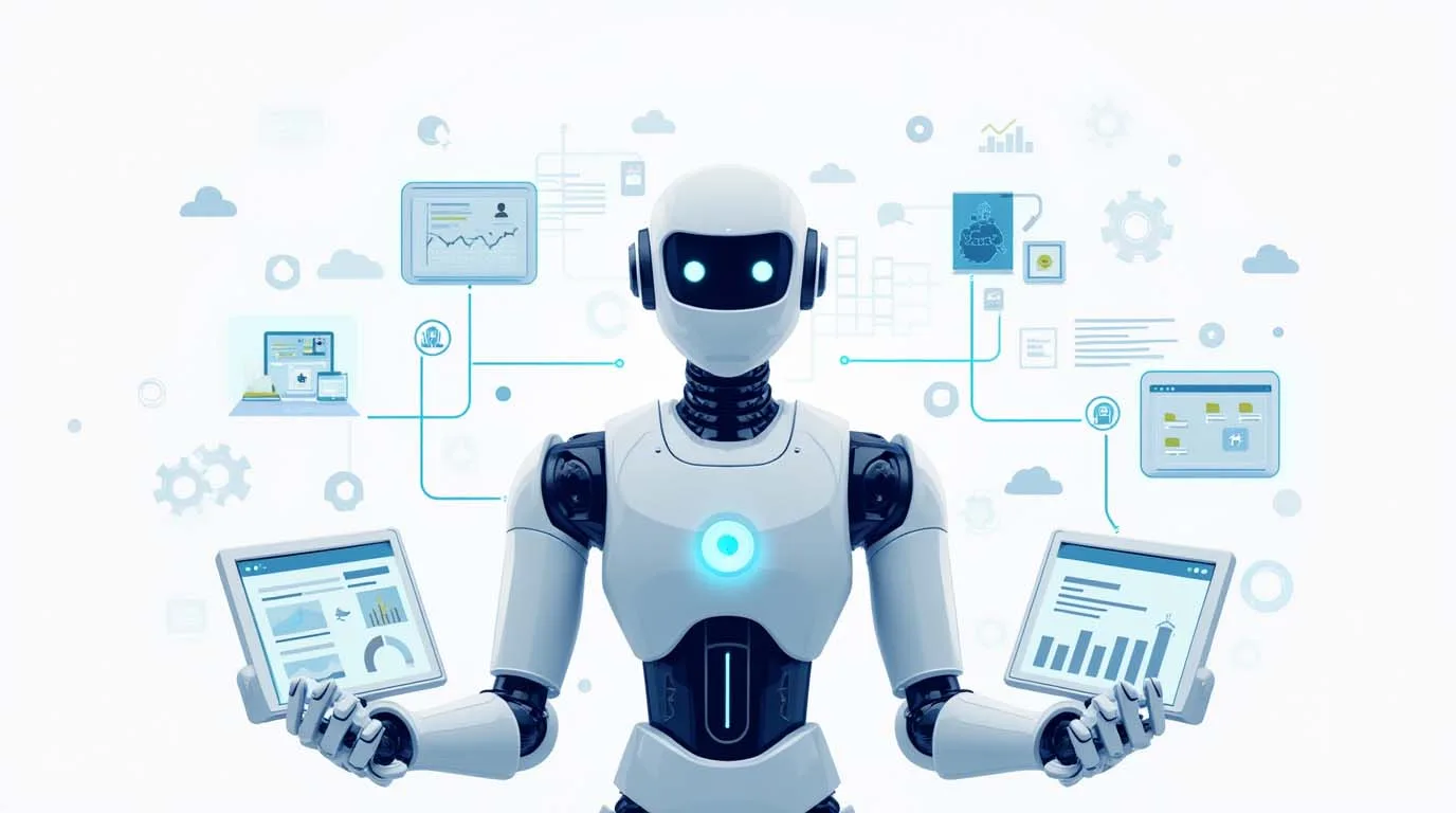 Overview of AI automation tools for business in 2025 with robot illustration