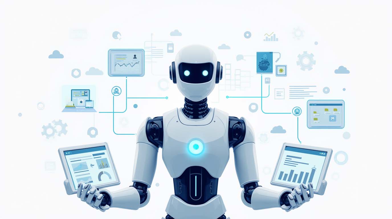 Overview of AI automation tools for business in 2025 with robot illustration