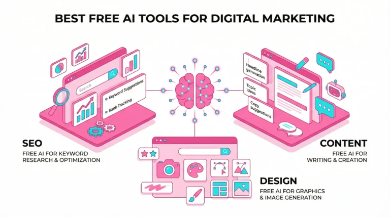 Flat vector illustration of various digital marketing interface elements and AI icons on a white background.
