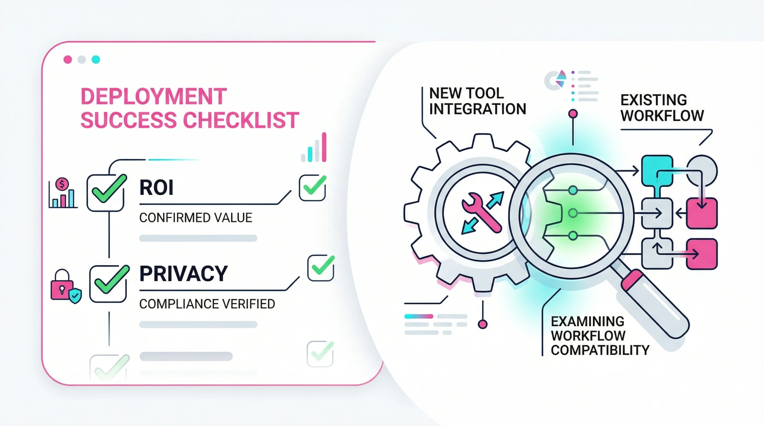 Minimalist checklist and magnifying glass icon for evaluating software on a white background.