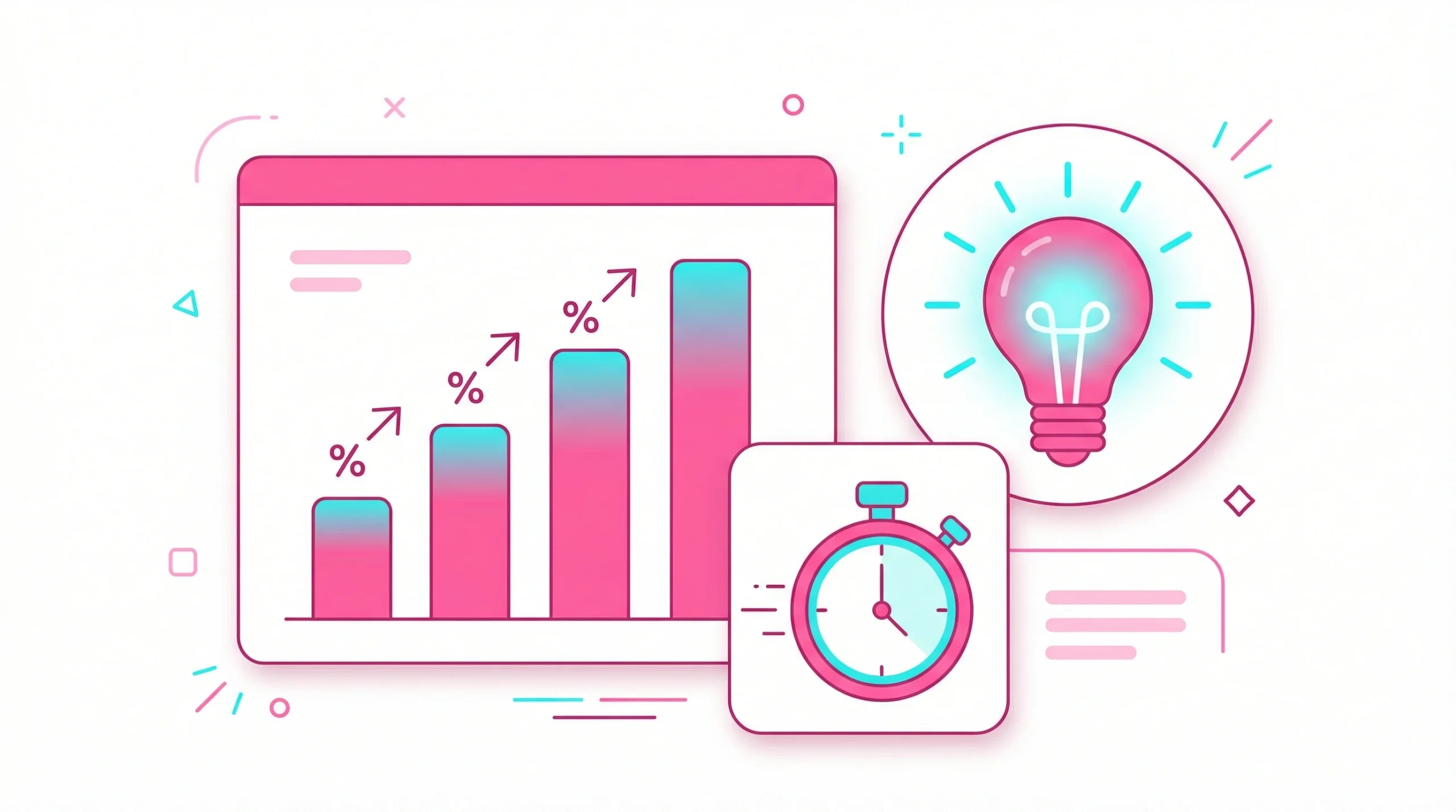 Vector illustration of a rising growth chart, lightbulb, and stopwatch on a clean white background.