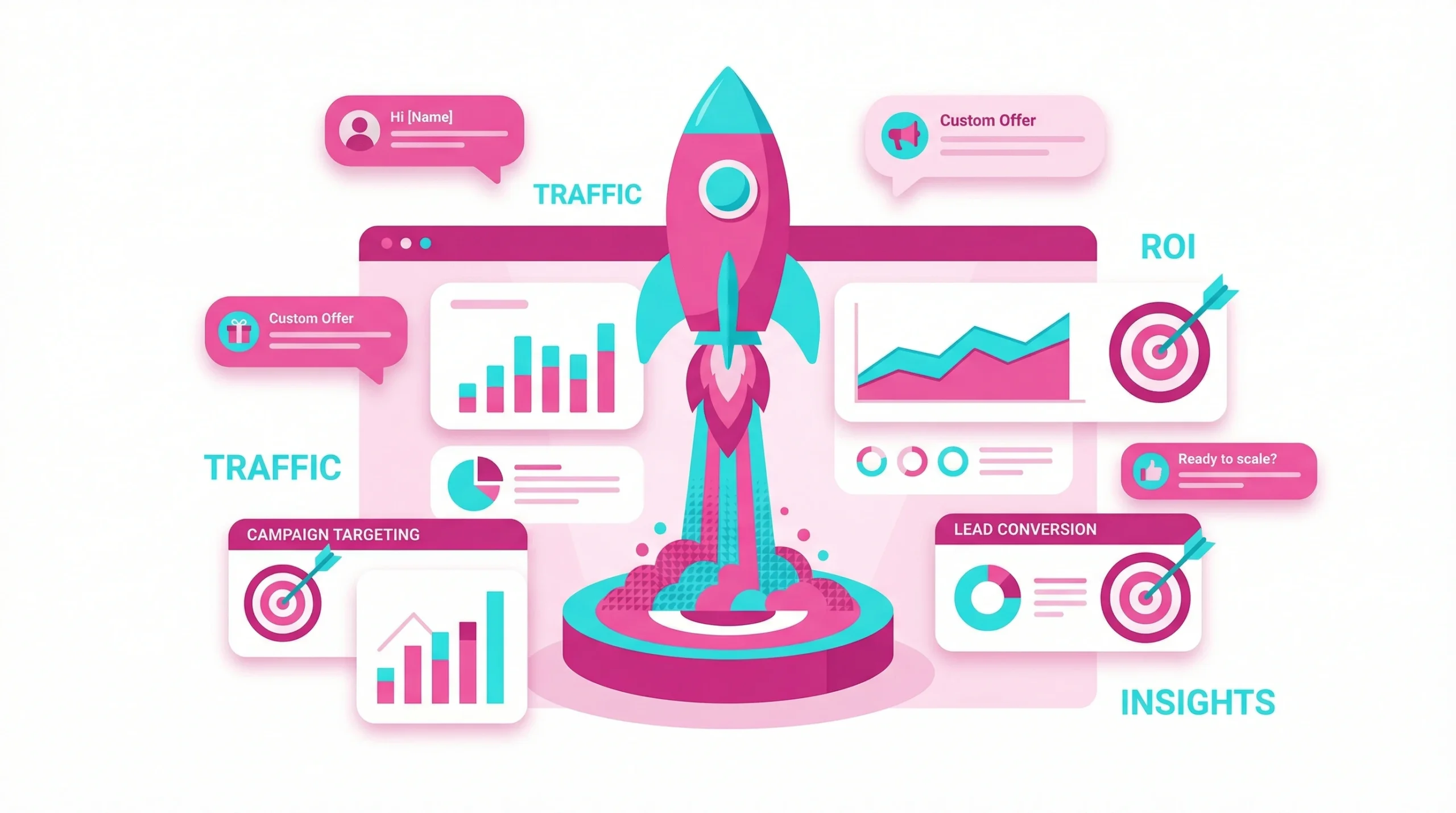 Vector graphic of a rocket and marketing dashboard representing AI-driven campaign execution and performance. Vector graphic of a rocket and marketing dashboard representing AI-driven campaign execution and performance.