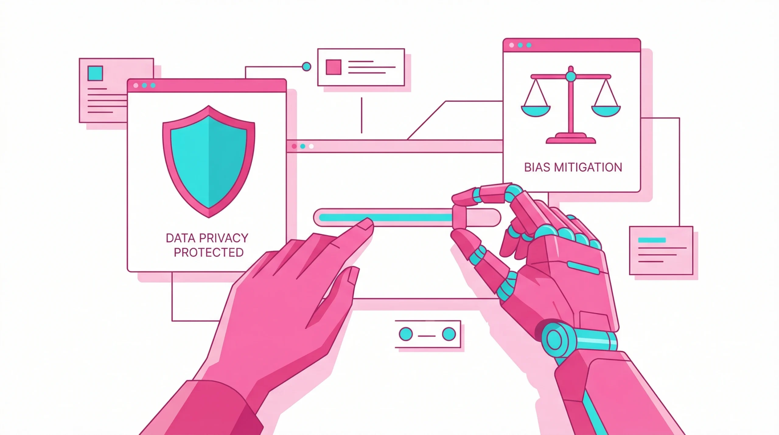 Visual representation of human-AI collaboration to solve marketing challenges like bias and privacy on a white background. Visual representation of human-AI collaboration to solve marketing challenges like bias and privacy on a white background.