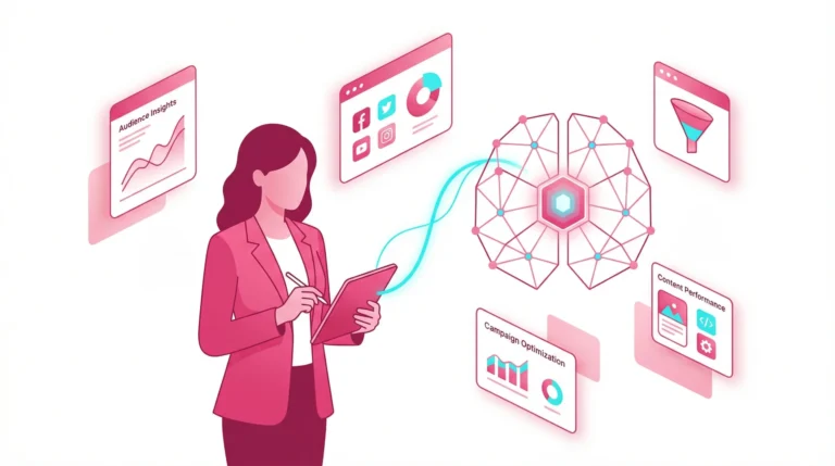 Flat vector illustration showing a human marketer working with AI interface on a clean white background.