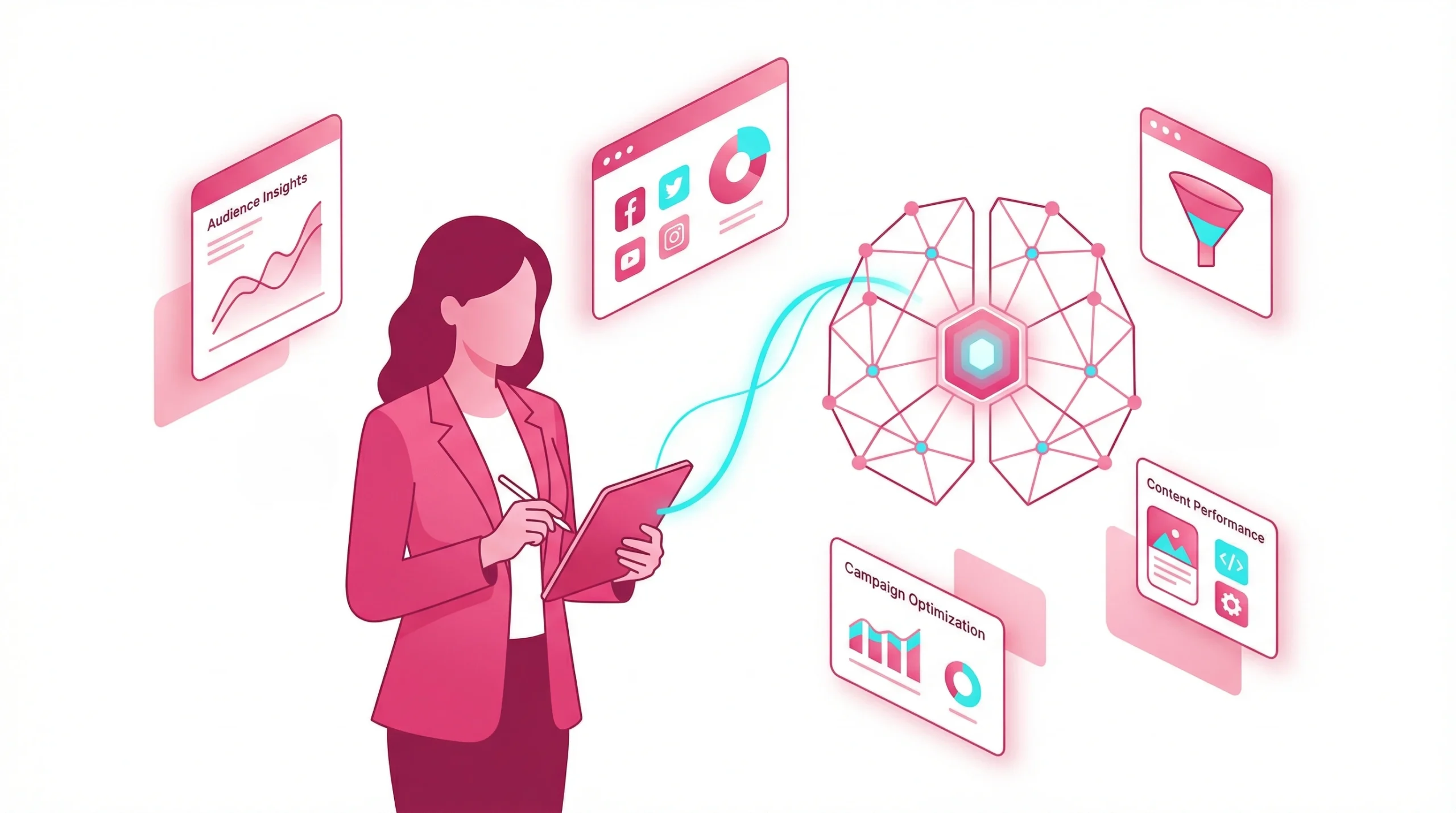 Flat vector illustration showing a human marketer working with AI interface on a clean white background.