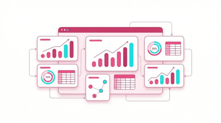 Flat vector illustration of digital data analytics dashboard with pink and cyan charts on white background.