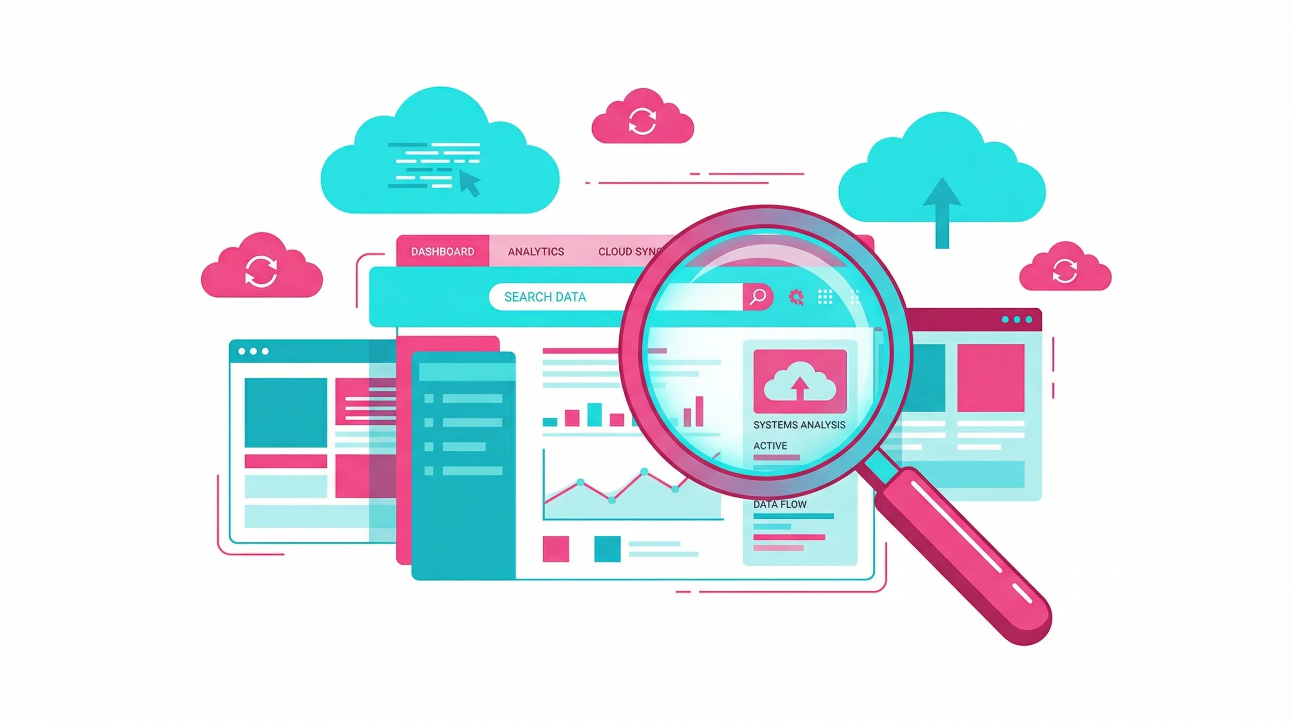 Minimalist vector graphic defining the scope of free data analysis software with UI panels and search icons.