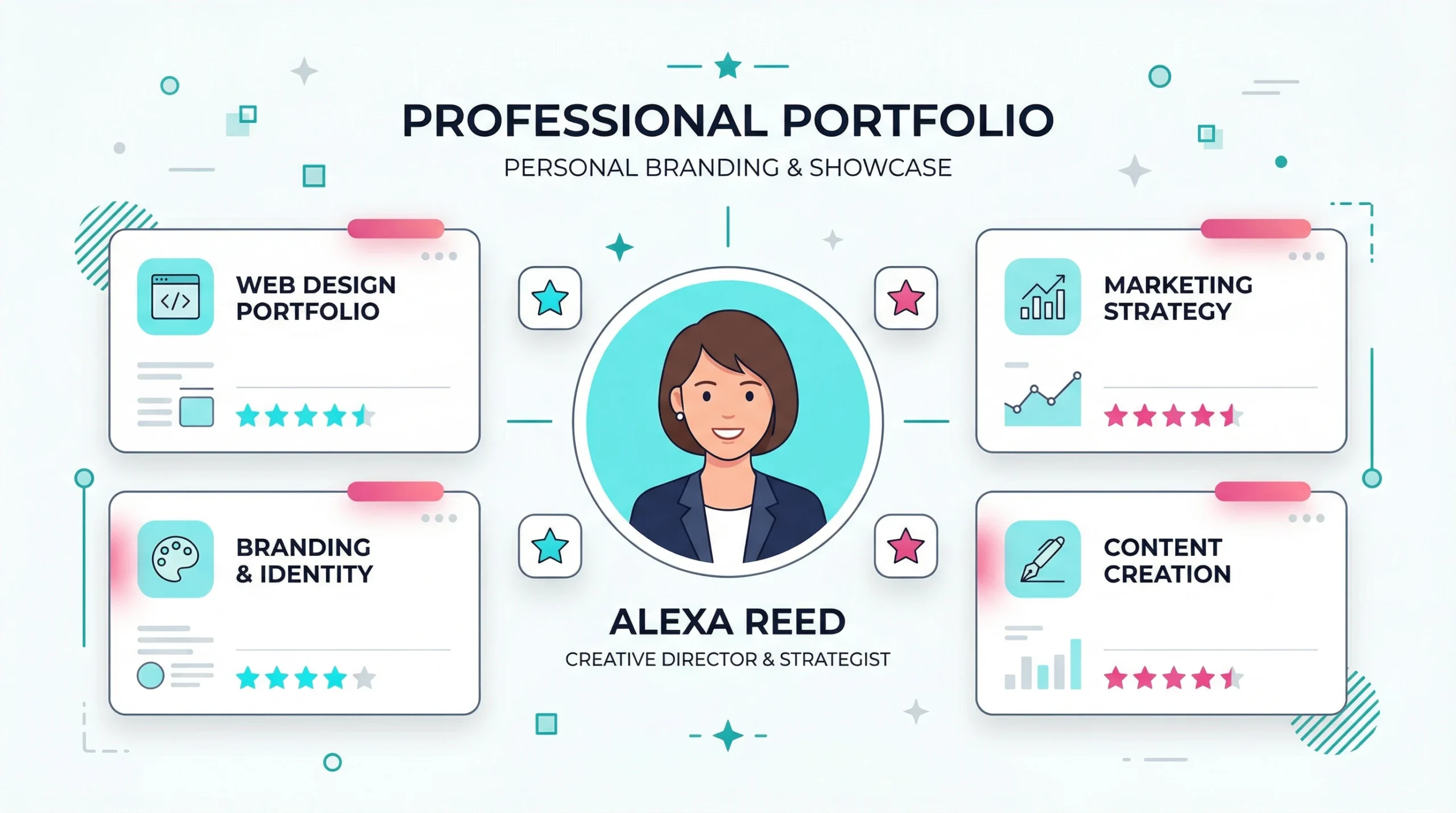 Professional vector illustration of a digital marketing portfolio and personal brand identity.