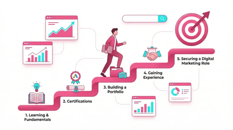 Flat vector illustration of a career path showing how to get into digital marketing on a white background.