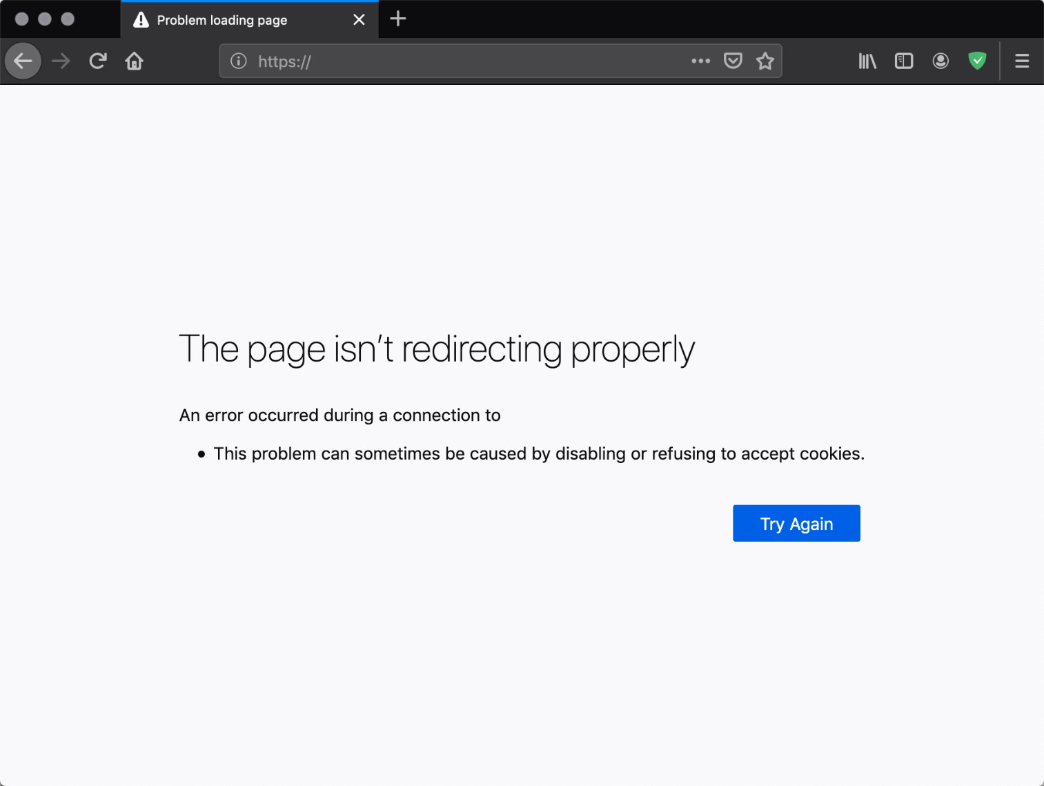 Firefox-error Firefox browser displaying a "The page isn't redirecting properly" error.