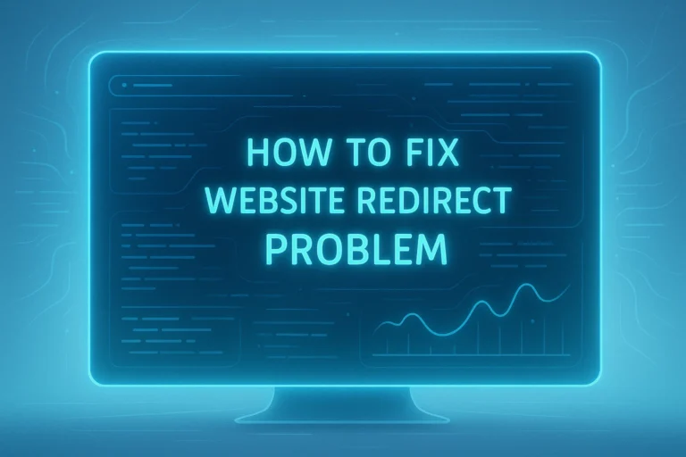 A futuristic, tech-inspired visual of a website's H1 title about fixing website redirect problems on a holographic screen.