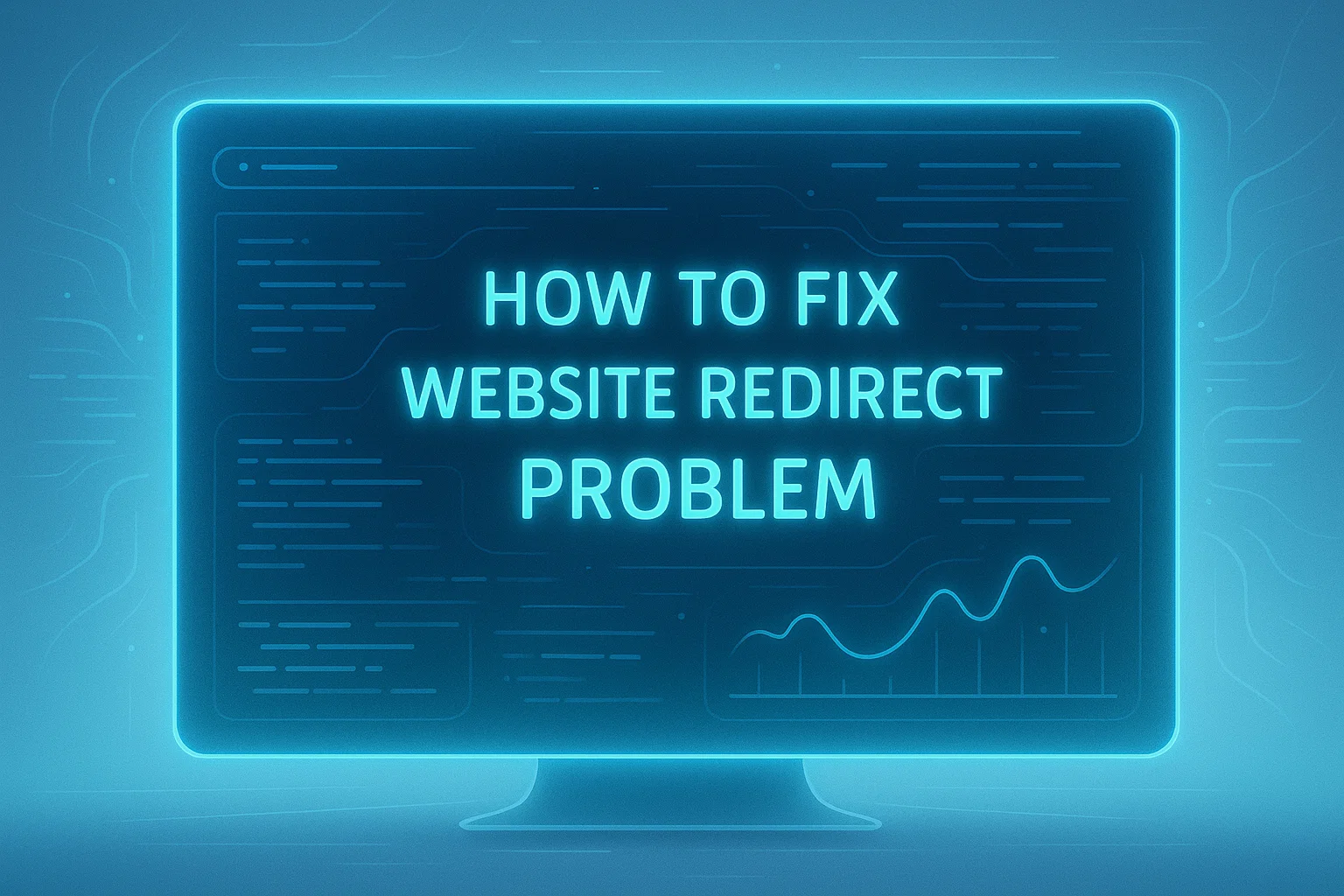 A futuristic, tech-inspired visual of a website's H1 title about fixing website redirect problems on a holographic screen.