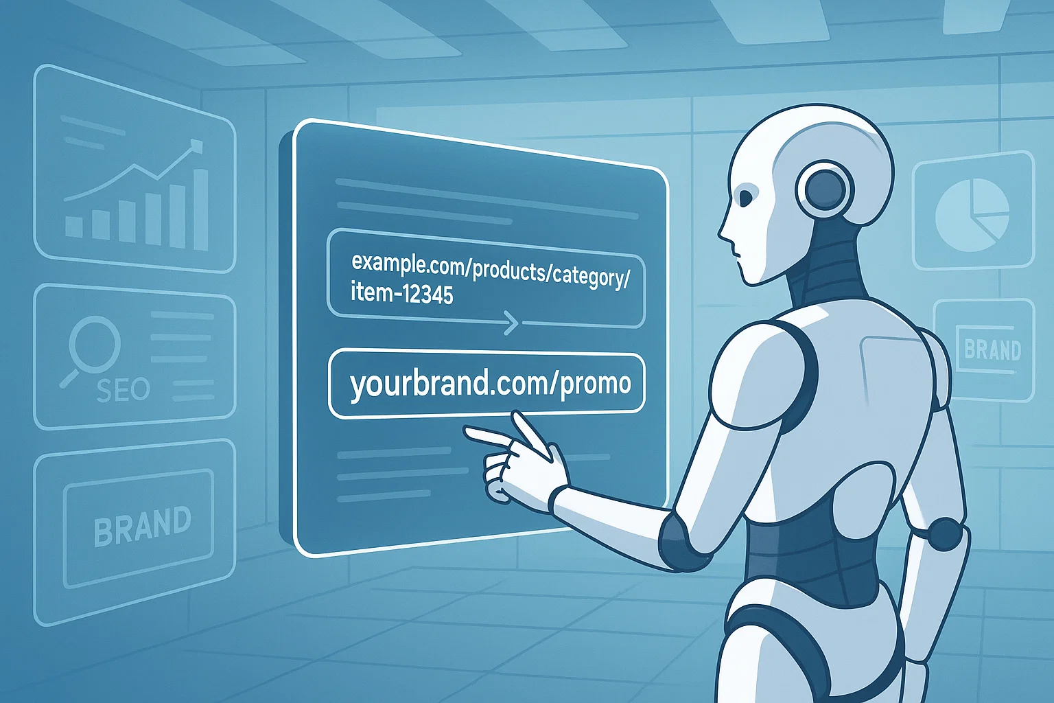 A futuristic digital illustration of an android creating a branded vanity URL on a holographic screen.