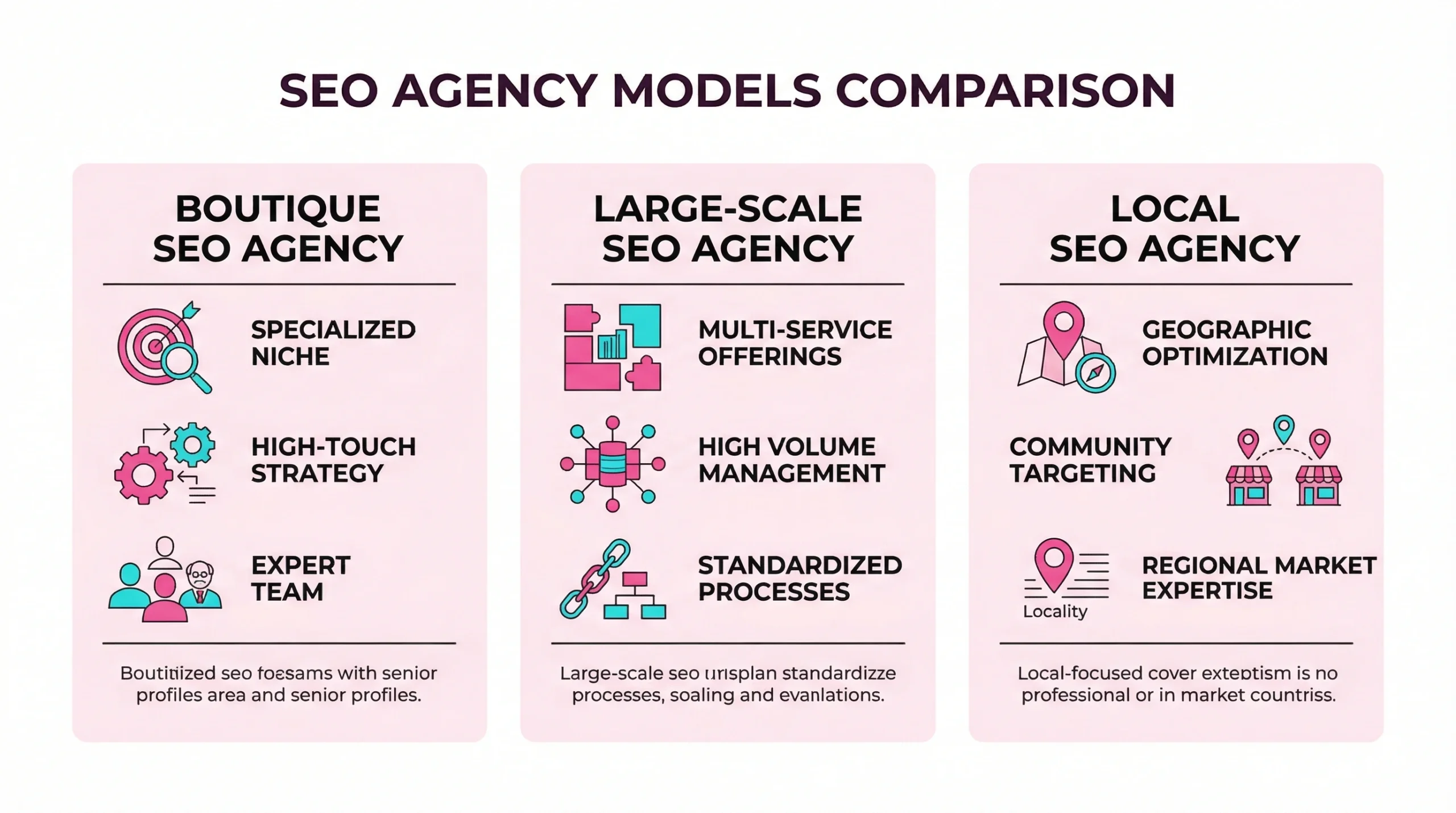 Comparison of different agency types including boutique, local, and large-scale SEO firms.