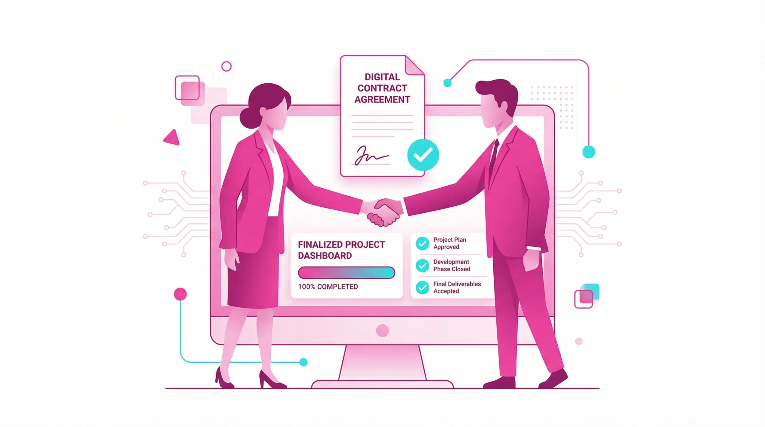 Handshake icon and document representing the final selection and partnership with an SEO agency.