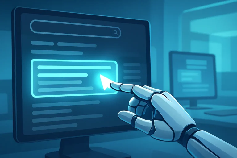 Futuristic illustration of a white android hand about to click a blue glowing Google Answer Box on a screen in a blue-toned, modern office.