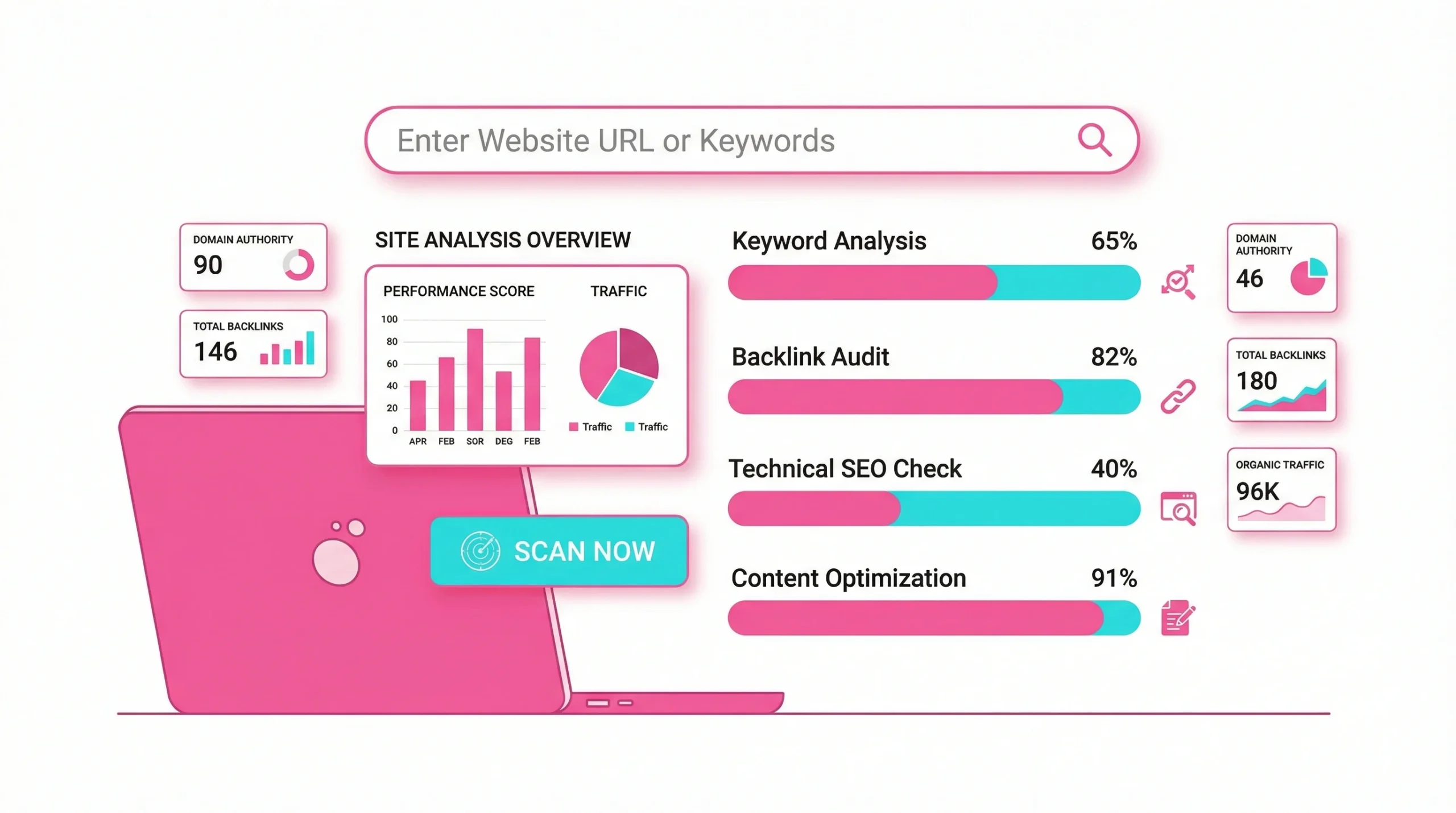 Illustration of an SEO professional dashboard tool used for checking website spam score metrics on a white background.