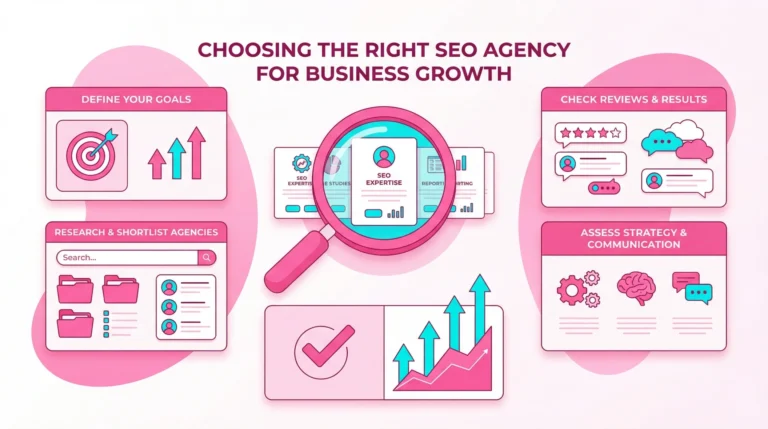 Flat vector illustration of a magnifying glass selecting the best SEO agency card on a white background.