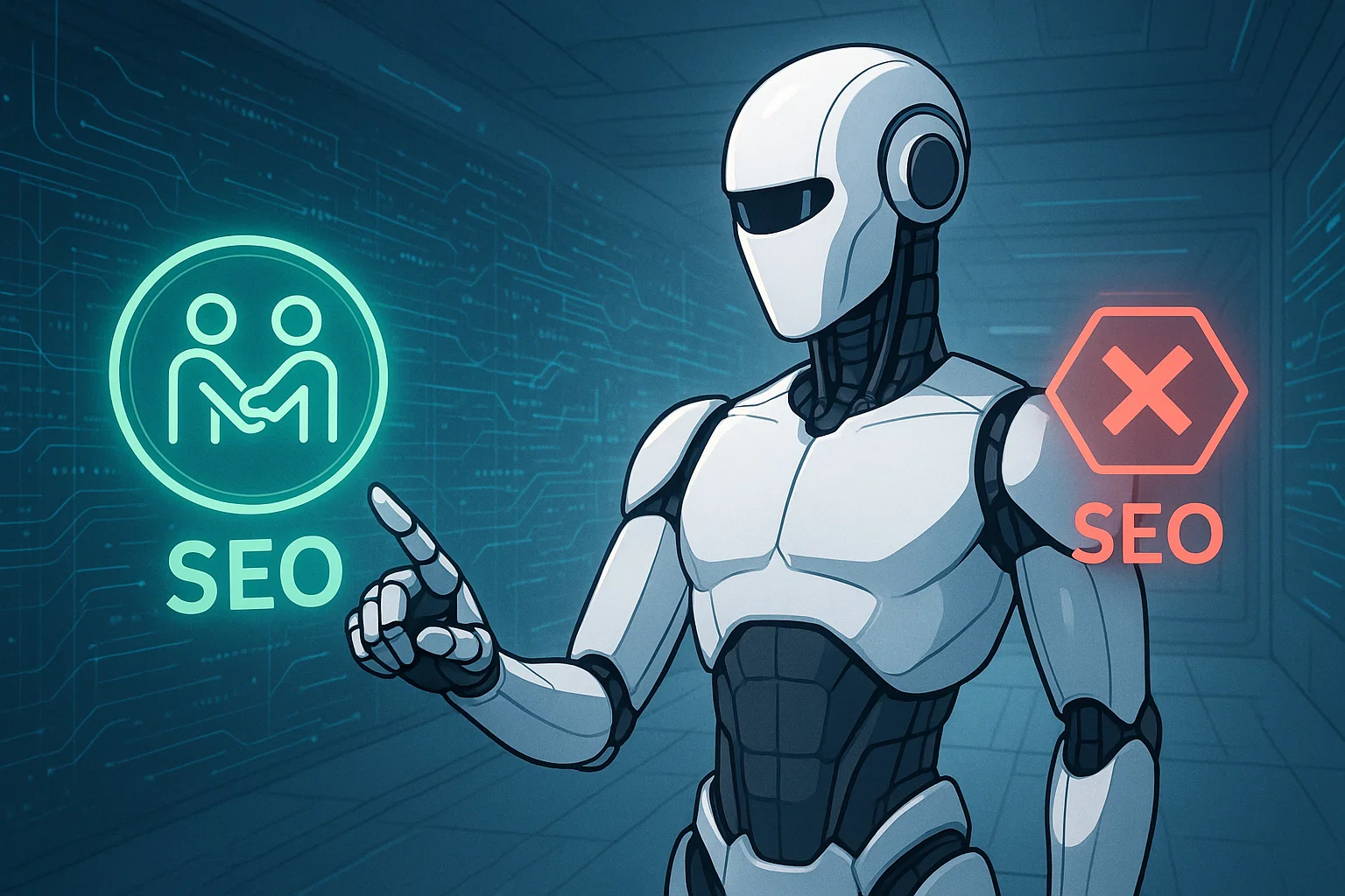 A stylized illustration of an android choosing between successful and unsuccessful SEO strategies represented by glowing holographic icons.