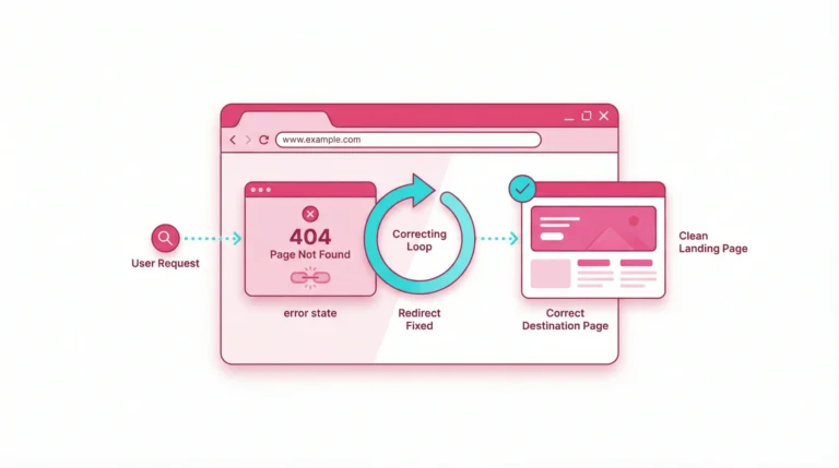Flat vector illustration showing a browser window and arrows fixing a redirect loop in raspberry and cyan colors.