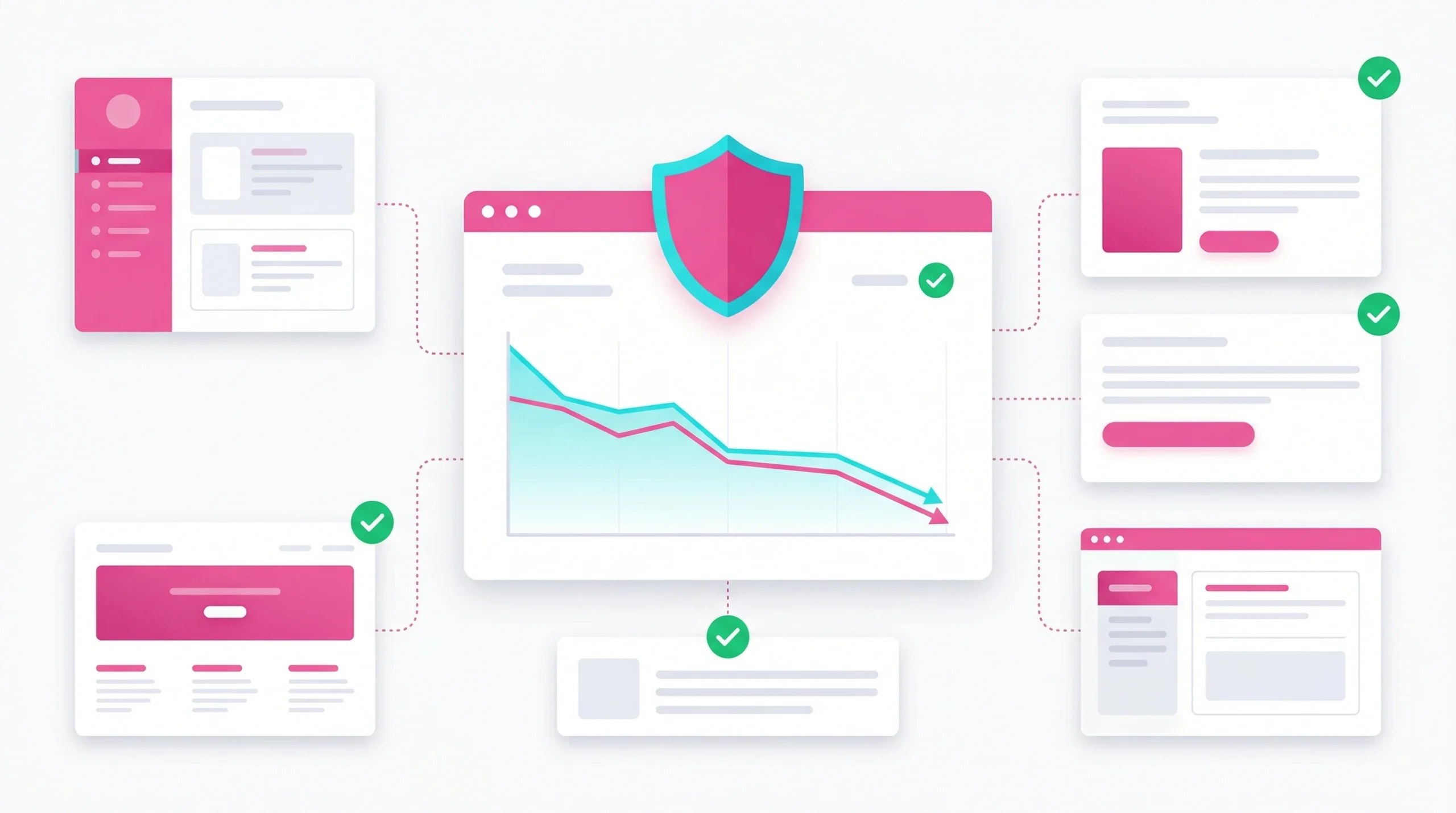Flat vector illustration of a website dashboard showing 6 steps to reduce spam score of website with clean UI elements.