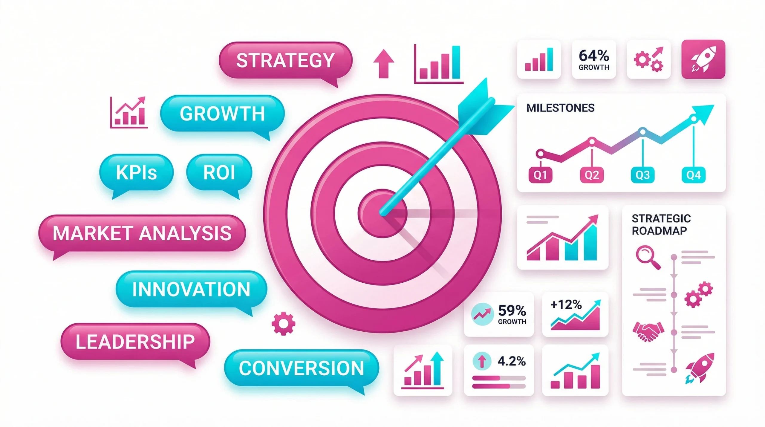 Vector illustration of a target and keyword bubbles representing business SEO needs and goals.