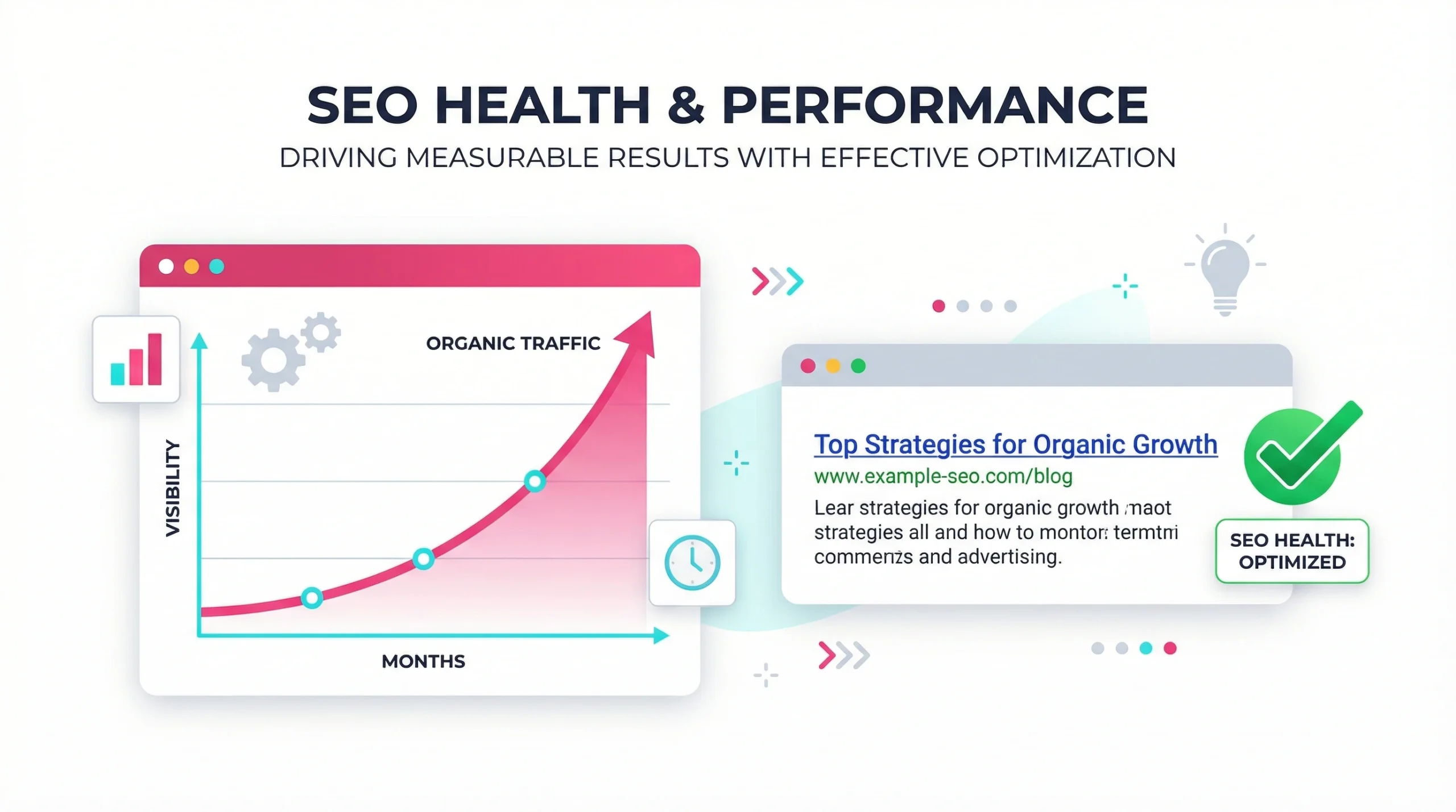 Illustration of a rising SEO chart and a verified website snippet representing the benefits of fixing redirects.
