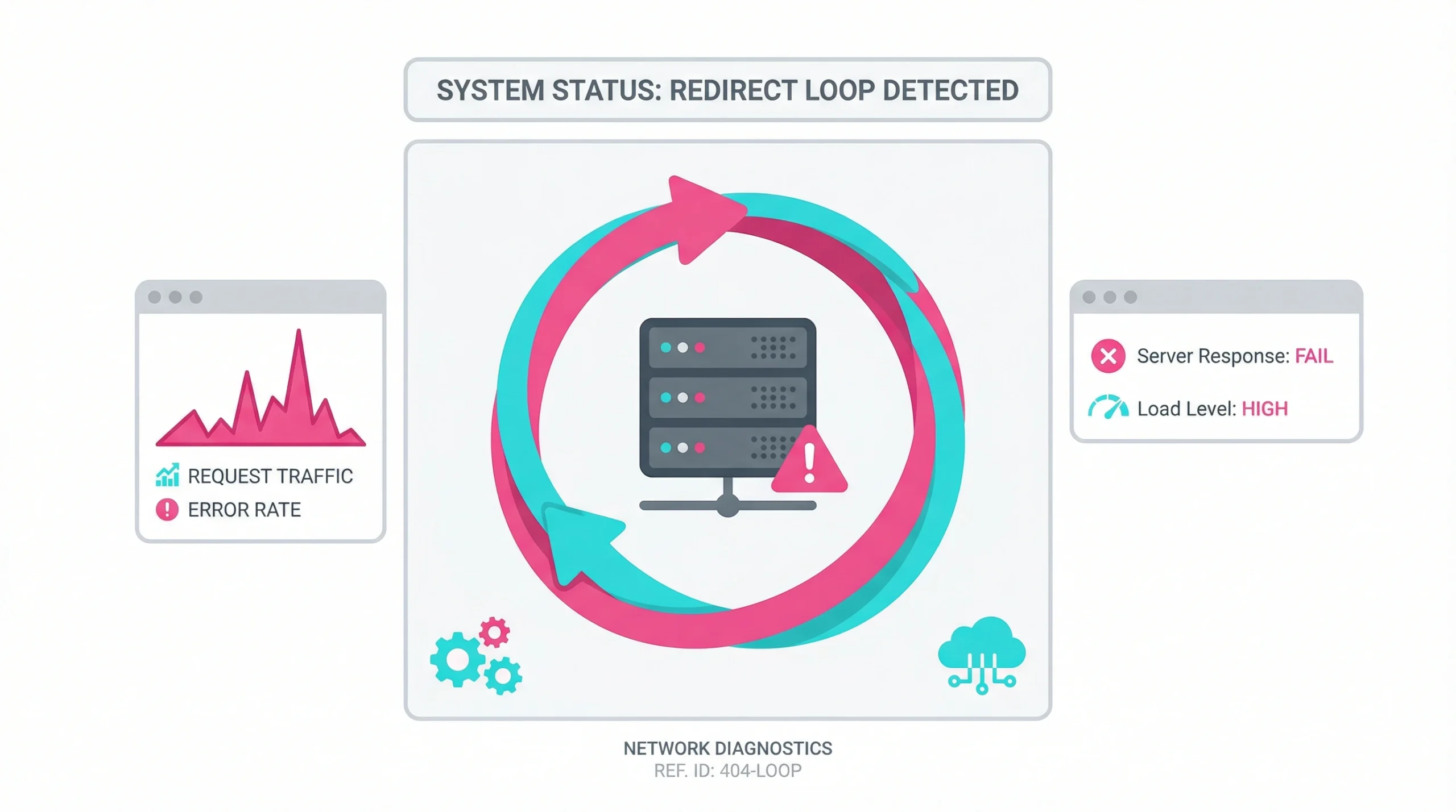 Minimalist graphic showing a server and circular arrows representing the causes of a redirect loop.