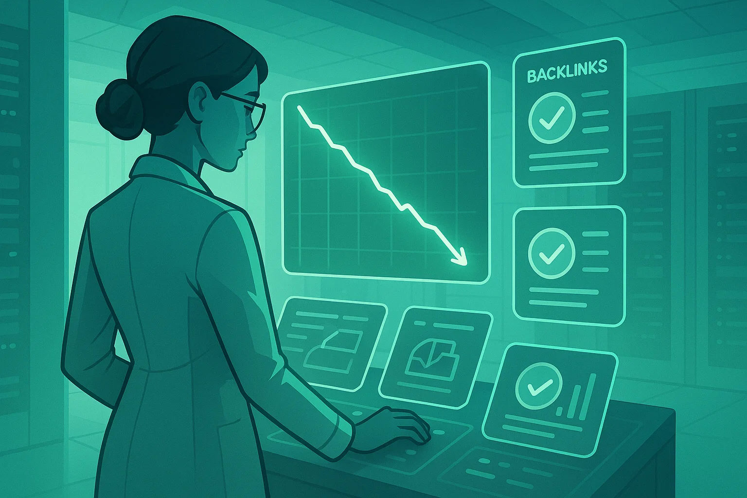A futuristic illustration of a data scientist viewing a holographic graph showing a website's spam score decreasing.