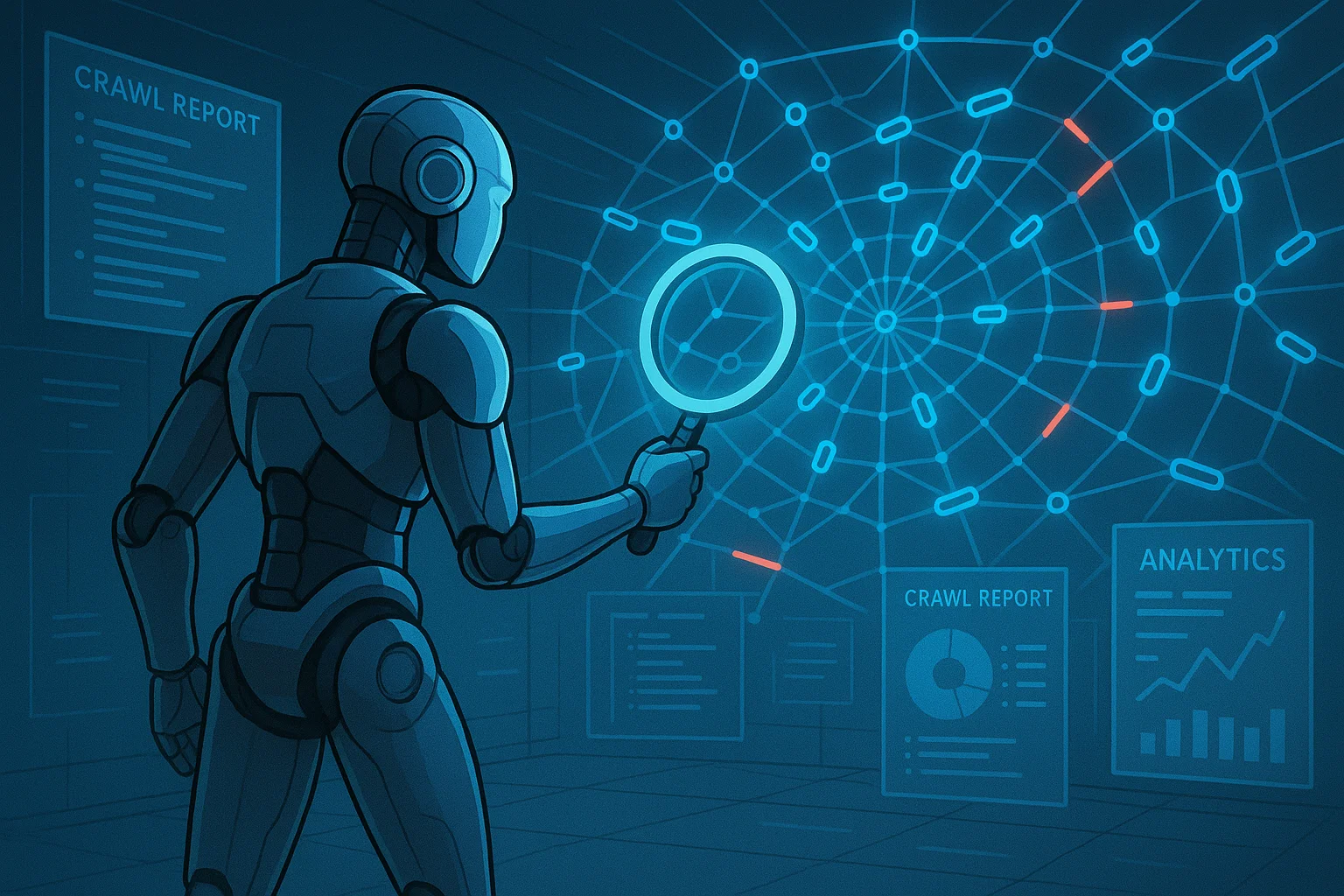 A robot holding a magnifying glass and analyzing a digital knowledge graph.