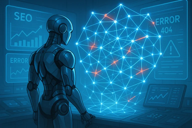 An AI robot analyzing a digital network graphic with glowing errors on screens.
