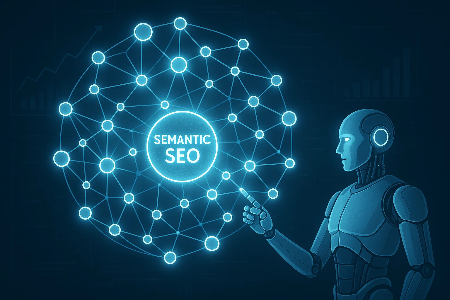 A robot points to a glowing web of interconnected circles representing semantic SEO.